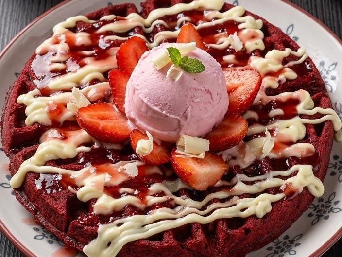 Red velvet waffle with strawberry ice cream